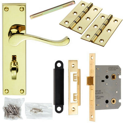Door Handle & Bathroom Lock Pack Brass Victorian Scroll Thumb Turn Backplate from B&Q