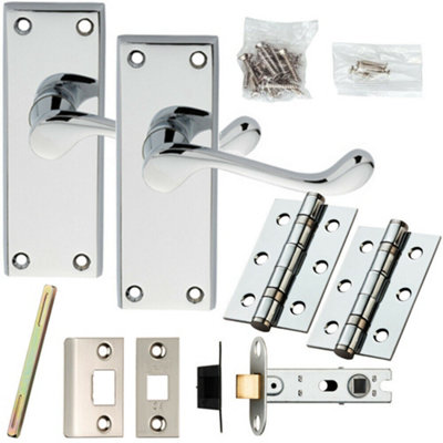  - Door Handle & Latch Pack Chrome Victorian Scroll Short Lever Plate 118 X 43mm
