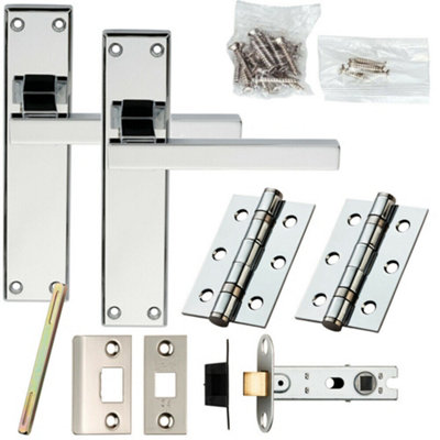  - Door Handle & Latch Pack Chrome Straight Rounded Bar On Screwless Round Rose