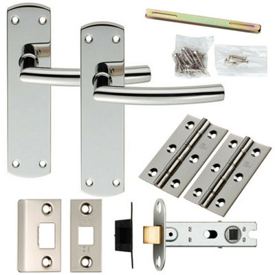 B&Q Door Handle & Latch Pack Polished Steel Curved Bar Lever Slim Backplate