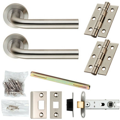 B&Q Door Handle & Latch Pack Satin Steel Rounded Bar Lever Screwless Round Rose