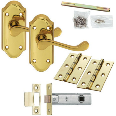 Door Handle & Latch Pack Brass Victorian Scroll Short Lever Ornate Backplate from B&Q