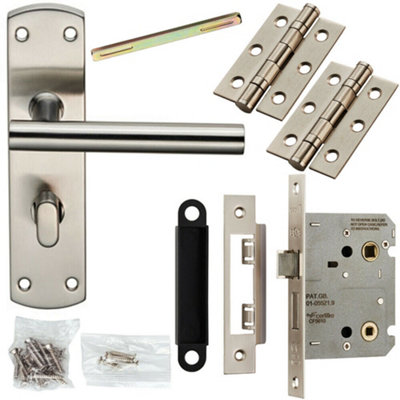  - Door Handle & Bathroom Lock Pack Satin Steel Modern Straight T Bar Backplate