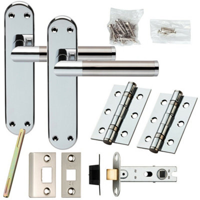  - Door Handle & Latch Pack Chrome & Satin Nickel Modern Round Bar On Backplate