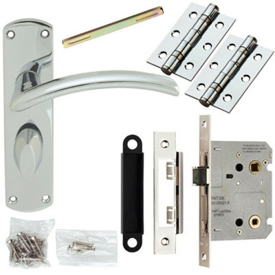 Door Handle & Bathroom Lock Pack Chrome Arched Lever Thumb Turn Backplate from B&Q