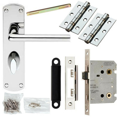  - Door Handle & Bathroom Lock Pack Chrome Slim Straight Arm Thumb Turn Backplate