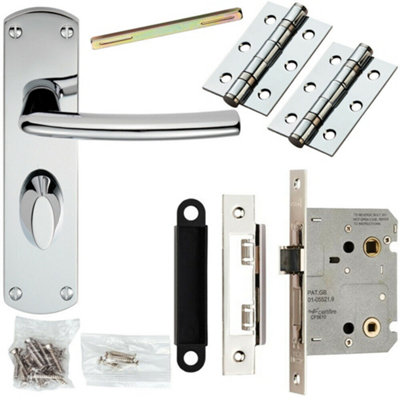 B&Q Door Handle & Bathroom Lock Pack Chrome Curved Bar Arm Thumb Turn Backplate
