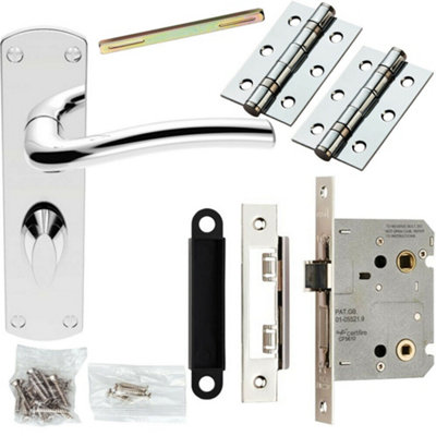 Door Handle & Bathroom Lock Pack Chrome Curved Round Arm Thumb Turn Backplate from B&Q