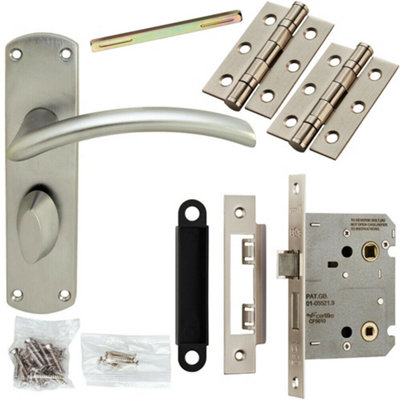 Door Handle & Bathroom Lock Pack Satin Chrome Arched Lever Thumb Turn Backplate from B&Q