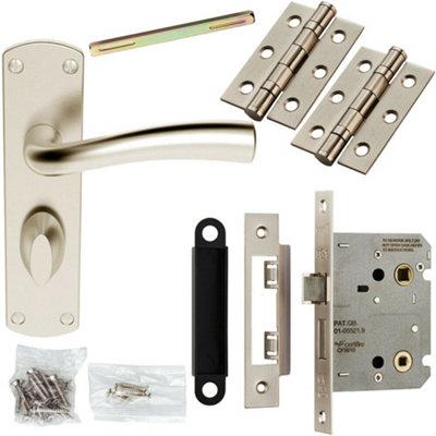 B&Q Door Handle & Bathroom Lock Pack Satin Chrome Chunky Tapered Thumb Backplate