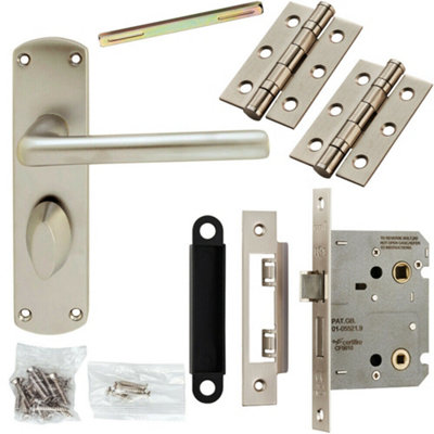  - Door Handle & Bathroom Lock Pack Satin Chrome Modern Round Straight Backplate