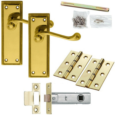 Door Handle & Latch Pack Brass Victorian Scroll Lever Turn Reeded Backplate from B&Q