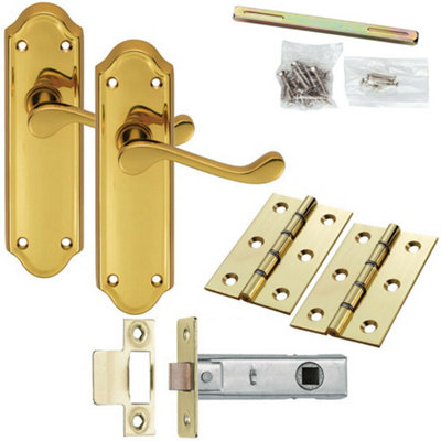 Door Handle & Latch Pack Brass Victorian Upturn Lever Turn Ornate Backplate from B&Q