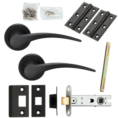  - Door Handle & Latch Pack Matt Black Slim Arched Lever Screwless Round Rose