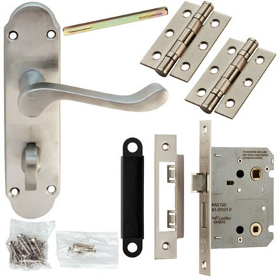  - Door Handle & Bathroom Lock Pack Satin Chrome Victorian Upturned Bar Backplate