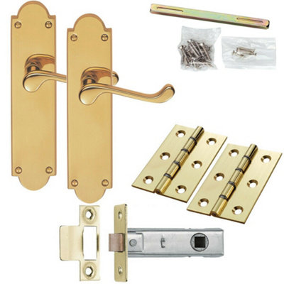 Door Handle & Latch Pack Brass Victorian Scroll Short Lever Ornate Backplate from B&Q