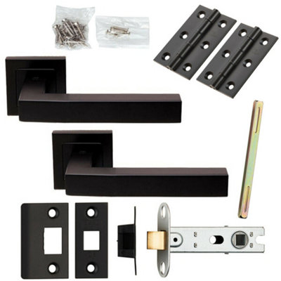  - Door Handle & Latch Pack Matt Black Cube Straight Lever Screwless Square Rose