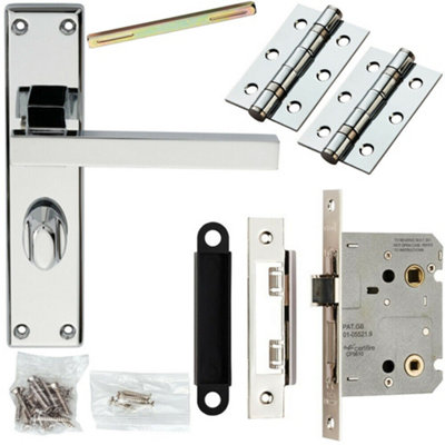 Door Handle & Bathroom Lock Pack Chrome Straight Square Thumb Turn Backplate from B&Q