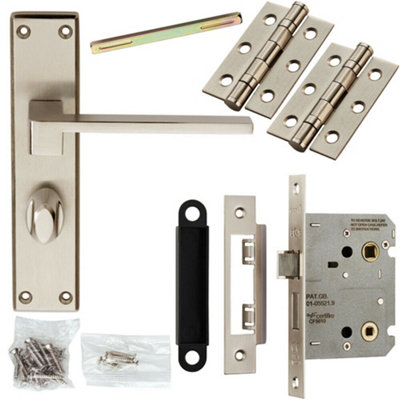 B&Q Door Handle & Bathroom Lock Pack Satin Chrome Straight Square Thumb Backplate