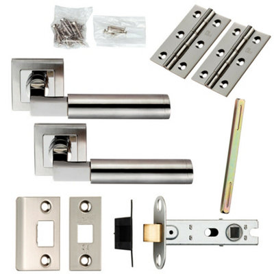 B&Q Door Handle & Latch Pack Polished & Satin Steel Square Cut Bar Screwless Rose