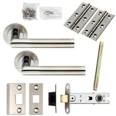 Door Handle & Latch Pack Polished & Satin Steel Mitred Lever Screwless Rose from B&Q