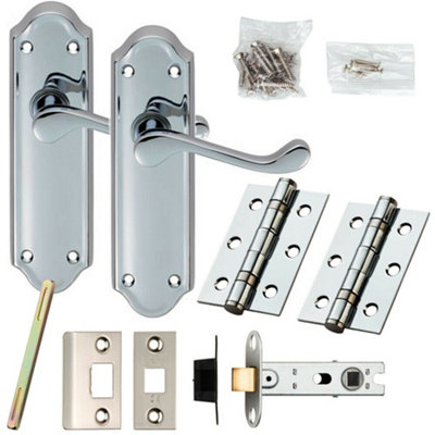  - Door Handle & Latch Pack Chrome Victorian Scroll Lever Backplate 168 X 47mm
