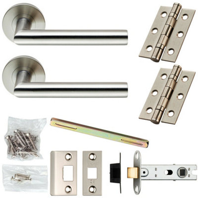 B&Q Door Handle & Latch Pack Satin Steel Mitred Straight Bar Screwless Round Rose