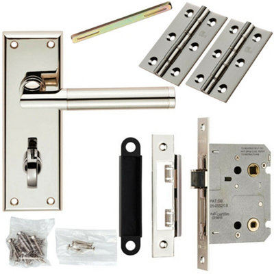  - Door Handle & Bathroom Lock Pack Polished & Satin Nickel Mitred Lever Backplate