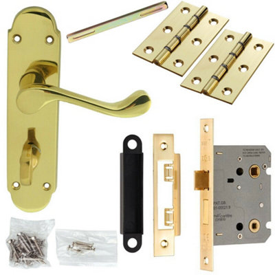 Door Handle & Bathroom Lock Pack Brass Victorian Upturn Thumb Turn Backplate from B&Q