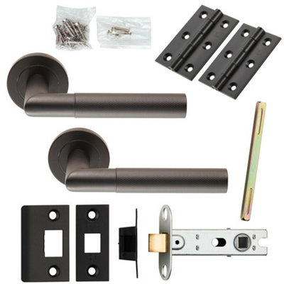 Door Handle & Latch Pack Matt Black Knurled Mitred Lever Screwless Round Rose from B&Q