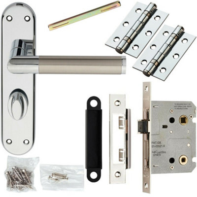  - Door Handle & Bathroom Lock Pack Chrome & Satin Nickel Modern Flat Backplate