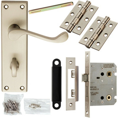  - Door Handle & Bathroom Lock Pack Satin Chrome Victorian Scroll Bar Backplate