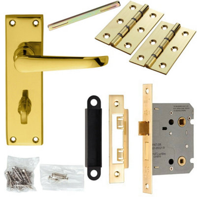 Door Handle & Bathroom Lock Pack Brass Victorian Straight Thumbturn Backplate from B&Q