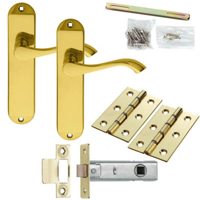  - Door Handle & Latch Pack Brass Modern Scroll Curved Slim Rounded Backplate