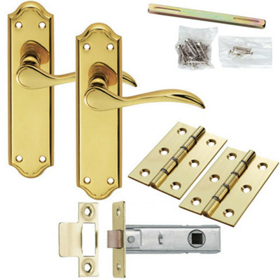 Door Handle & Latch Pack Brass Modern Scroll Curved Lever Ornate Backplate from B&Q