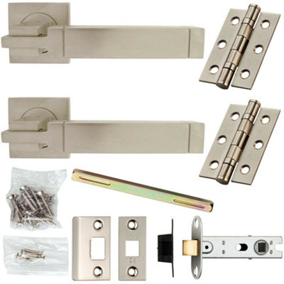 B&Q Door Handle & Latch Pack Satin Chrome Modern Cube Lever Screwless Square Rose
