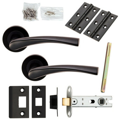 Door Handle & Latch Pack Matt Black Twist Curved Lever Screwless Round Rose from B&Q