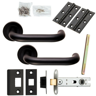 Door Handle & Latch Pack Matt Black Curved Safety Lever Screwless Round Rose from B&Q