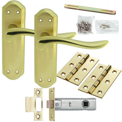  - Door Handle & Latch Pack Brass Modern Curved Sculpted Lever Ornate Backplate