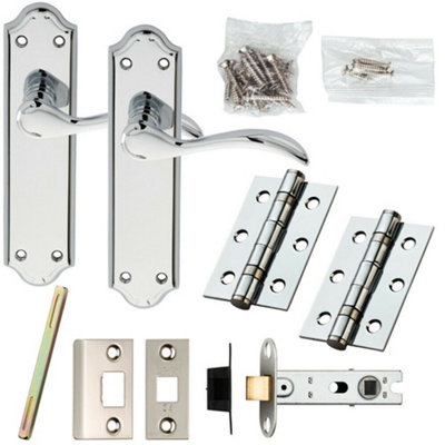  - Door Handle & Latch Pack Chrome Victorian Scroll Lever On Backplate 180 X 45mm