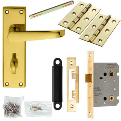 Door Handle & Bathroom Lock Pack Brass Victorian Straight Thumbturn Backplate from B&Q