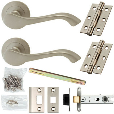 B&Q Door Handle & Latch Pack Satin Chrome Curved Scroll Lever Screwless Round Rose - B&Q
