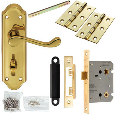 Door Handle & Bathroom Lock Pack Brass Victorian Scroll Lever Turn Backplate from B&Q