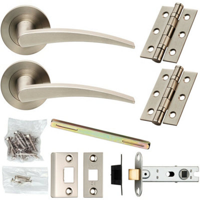 B&Q Door Handle & Latch Pack Satin Steel Slim Arched Lever Screwless Round Rose