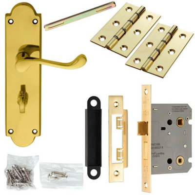 Door Handle & Bathroom Lock Pack Brass Victorian Scroll Ornate Backplate from B&Q
