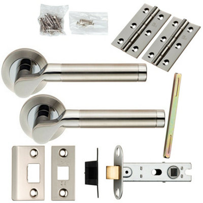 B&Q Door Handle & Latch Pack Polished & Satin Steel Cranked Bar Screwless Rose