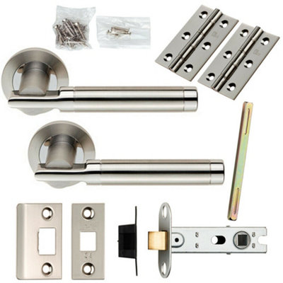  - Door Handle & Latch Pack Polished & Satin Steel Round Bar Screwless Rose