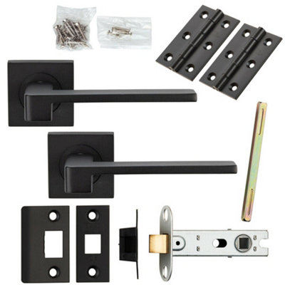  - Door Handle & Latch Pack Matt Black Straight Flat Lever Screwless Square Rose