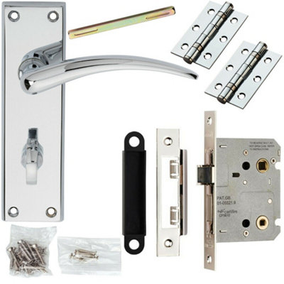 B&Q Door Handle & Bathroom Lock Pack Chrome Curved Arm Thumb Turn Square Backplate