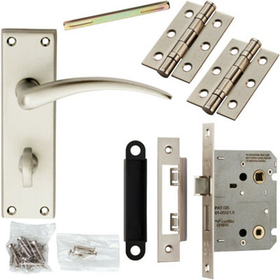 B&Q Door Handle & Bathroom Lock Pack Satin Chrome Slim Arched Curved Bar Backplate